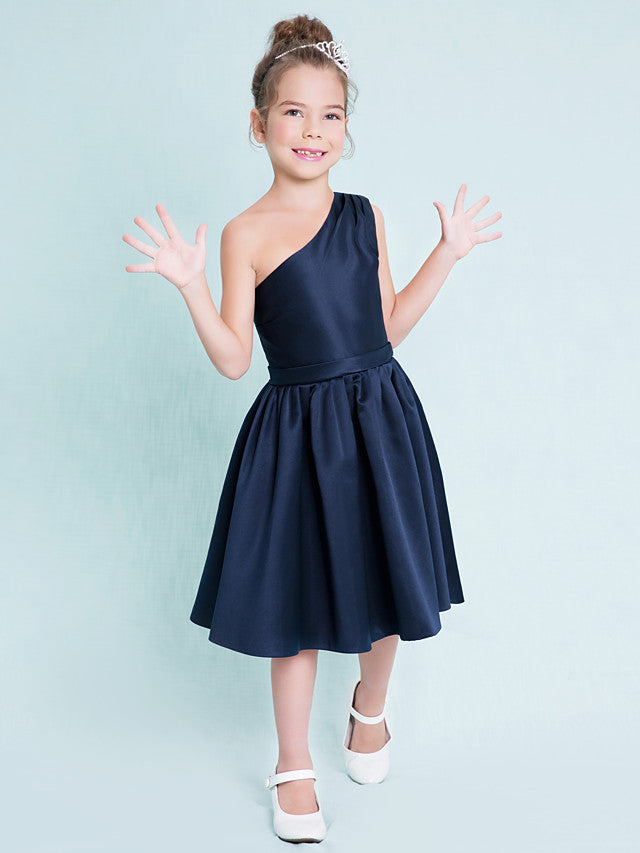 One Shoulder A-Line Satin Junior Flower Girl Dress with Sash Ribbon Pleats and Knee Length Fit