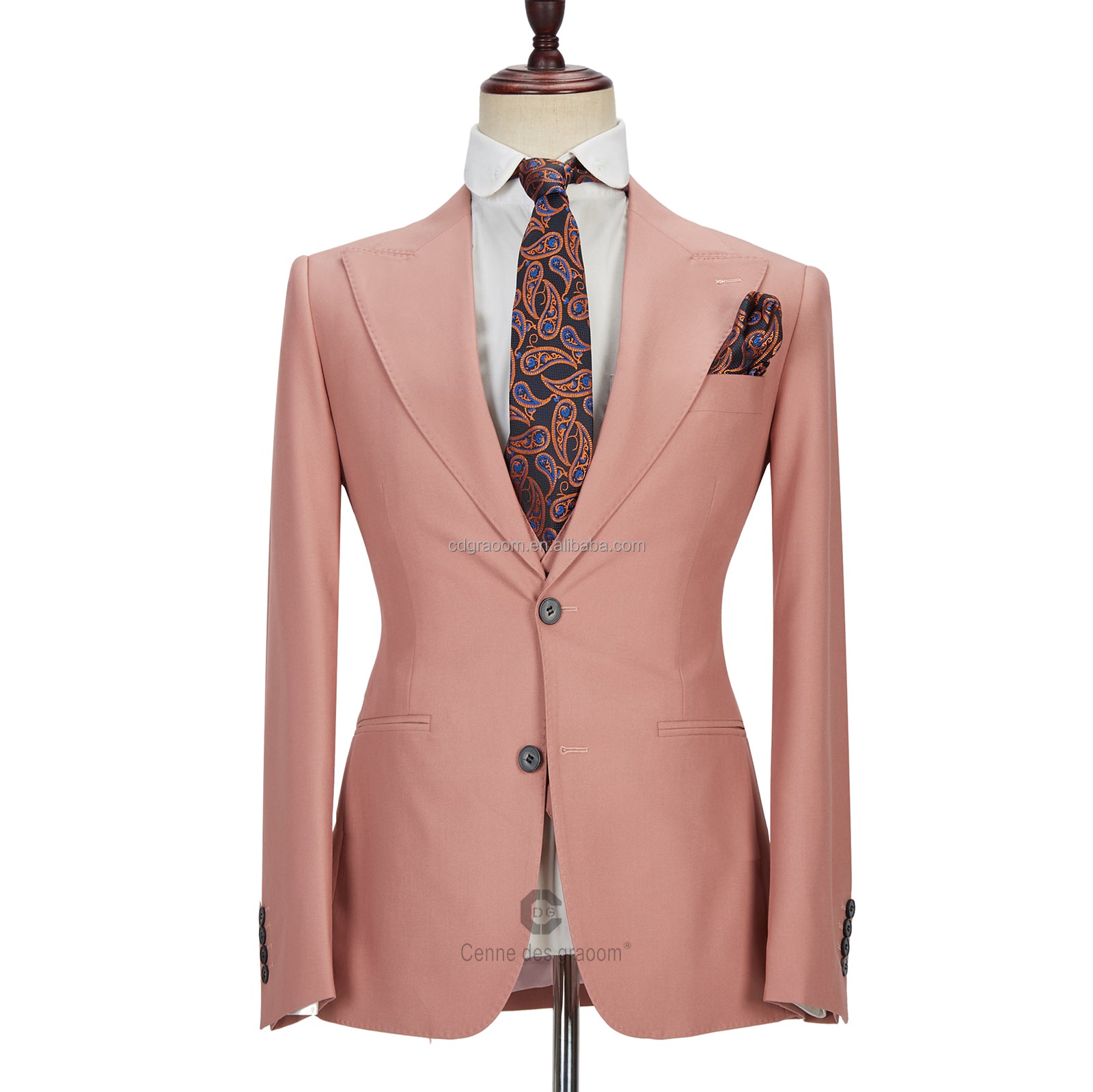 3 Piece Marriage Suit with Peak Lapel for Men - Pink 2 Buttons