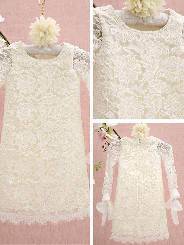 Knee Length Long Sleeve Column Flower Girl Dress with Lace Jewel Neck