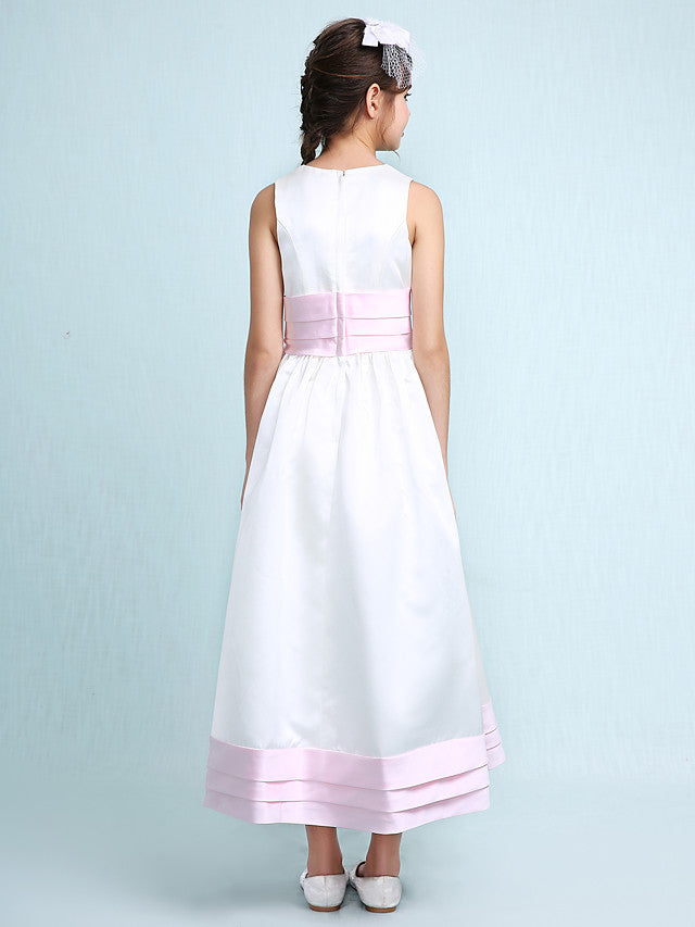 Princess A-Line Jewel Neck Satin Junior Bridesmaid Dress with Sash Ribbon Ruched Ruffles for Spring Summer Fall Winter Weddings