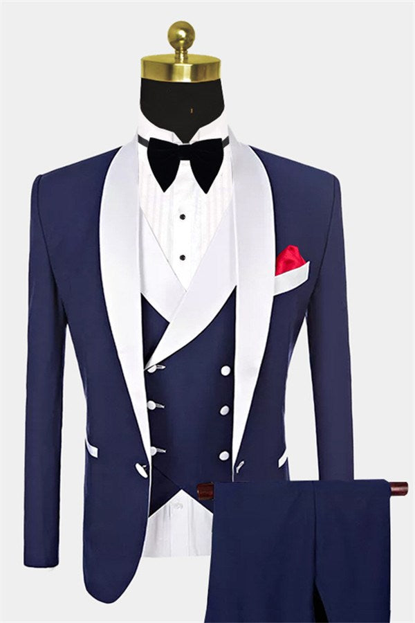 Navy Blue Fashion Slim Fit Shawl Lapel Set with One-Button Closure