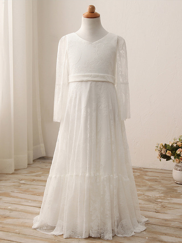 Lace Cotton 3/4 Length Sleeve V Neck Flower Girl Dress