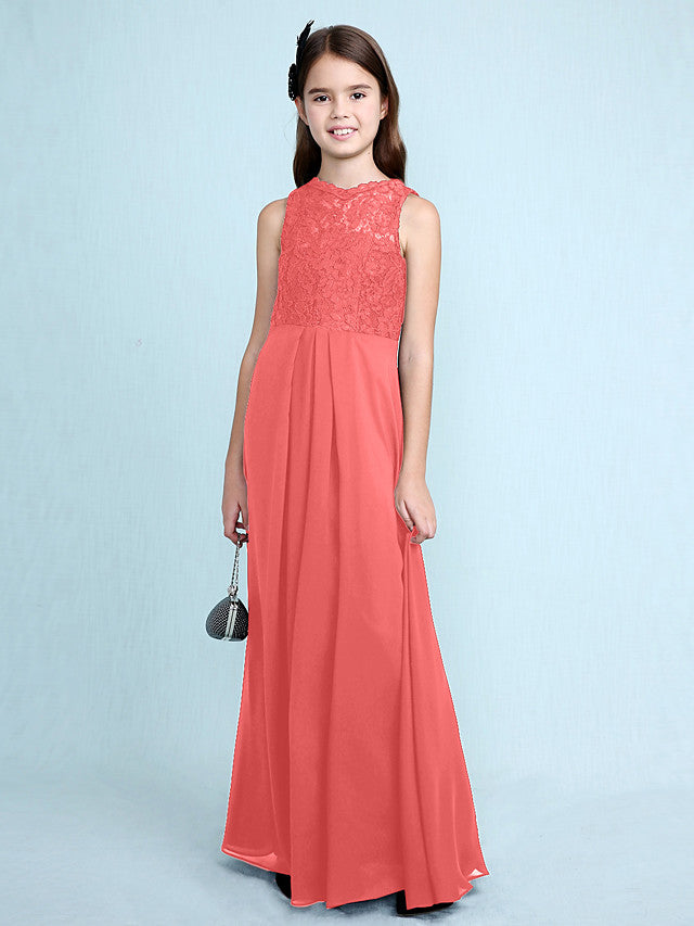 Sheath Column Scoop Neck Floor Length Chiffon & Lace Junior Bridesmaid Dress