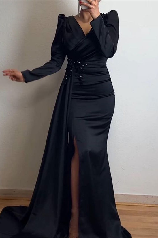 Ruffle Mermaid Beadings Long Sleeves Prom Dress with Front Split