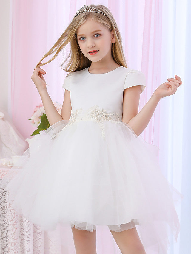 Princess Cap Sleeve Jewel Neck Ball Gown Flower Girl Dress With Beading Appliques Satin Tulle