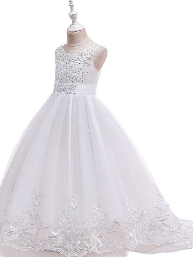 Princess Tulle Sleeveless Jewel Flower Girl Dress with Bow Appliques Beading