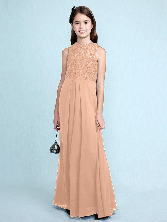 Sheath Column Scoop Neck Floor Length Chiffon & Lace Junior Bridesmaid Dress
