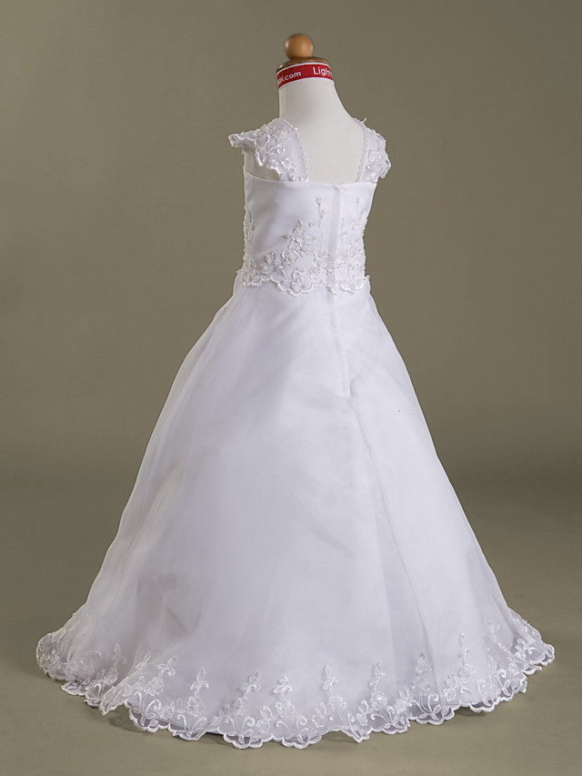 A-Line Sleeveless Square Neck Flower Girl Dress with Organza Satin and Beading
