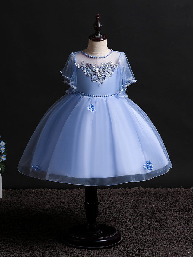 Princess Midi Dress for Weddings & Birthdays: Satin Tulle Jewel Neck with Bow(s) Pearls & Beading
