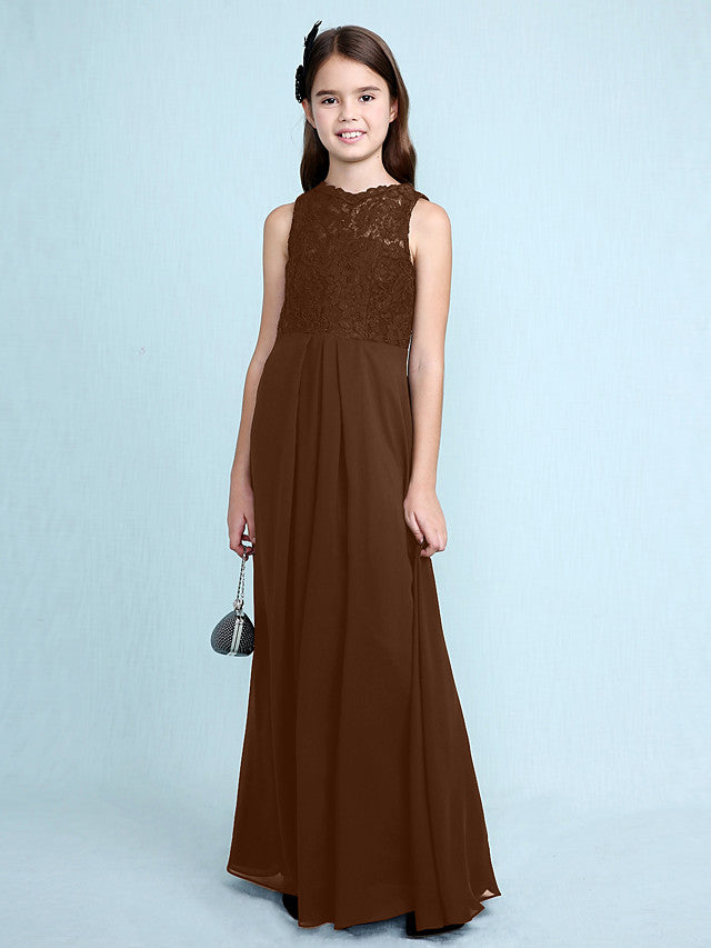Sheath Column Scoop Neck Floor Length Chiffon & Lace Junior Bridesmaid Dress