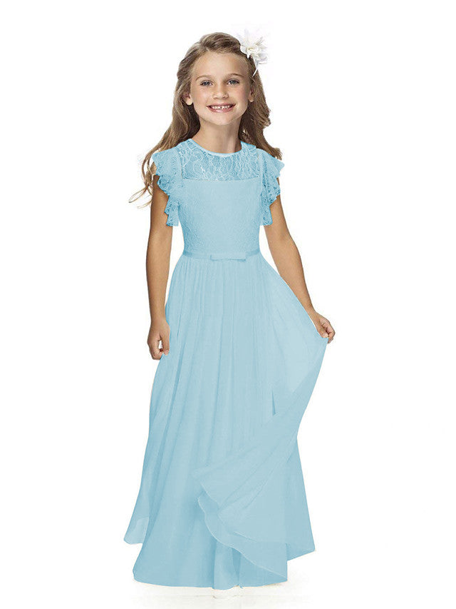 Short Sleeve Jewel Neck Flower Girl Dress with Lace and Butterfly