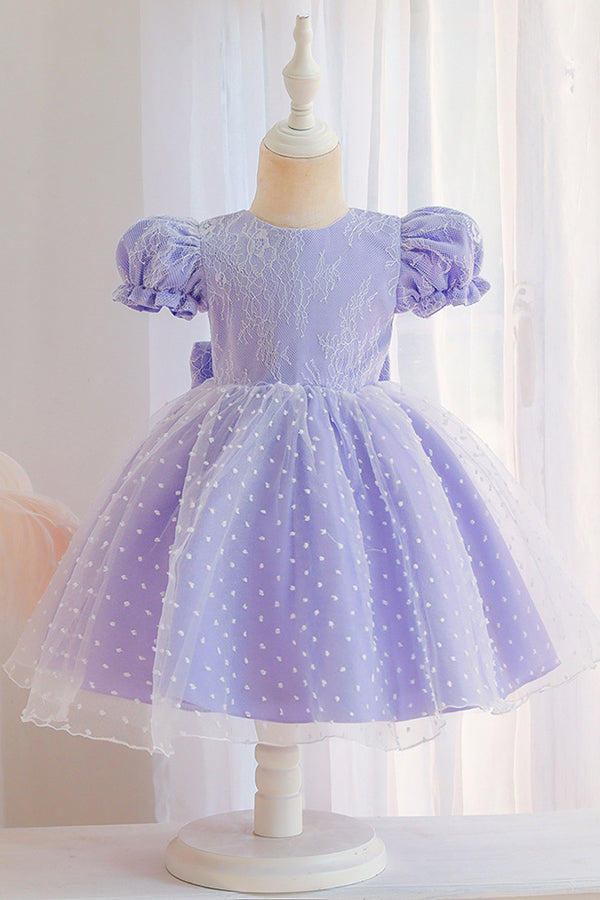 Lace Pink Short Sleeve Jewel Flower Girl Dress with Appliques