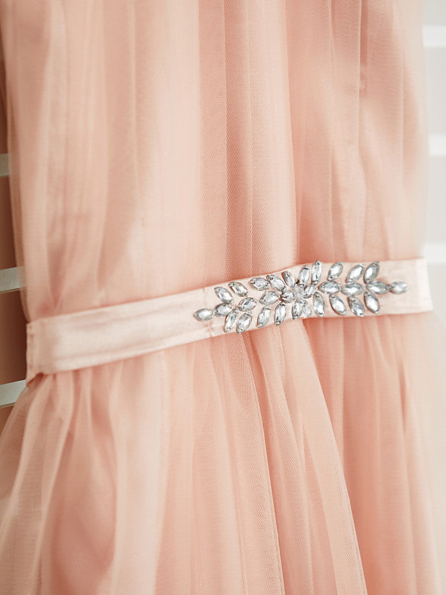 A-Line Halter Neck Maxi Tulle Bridesmaid Dress with Sash Ribbon Beading for Weddings