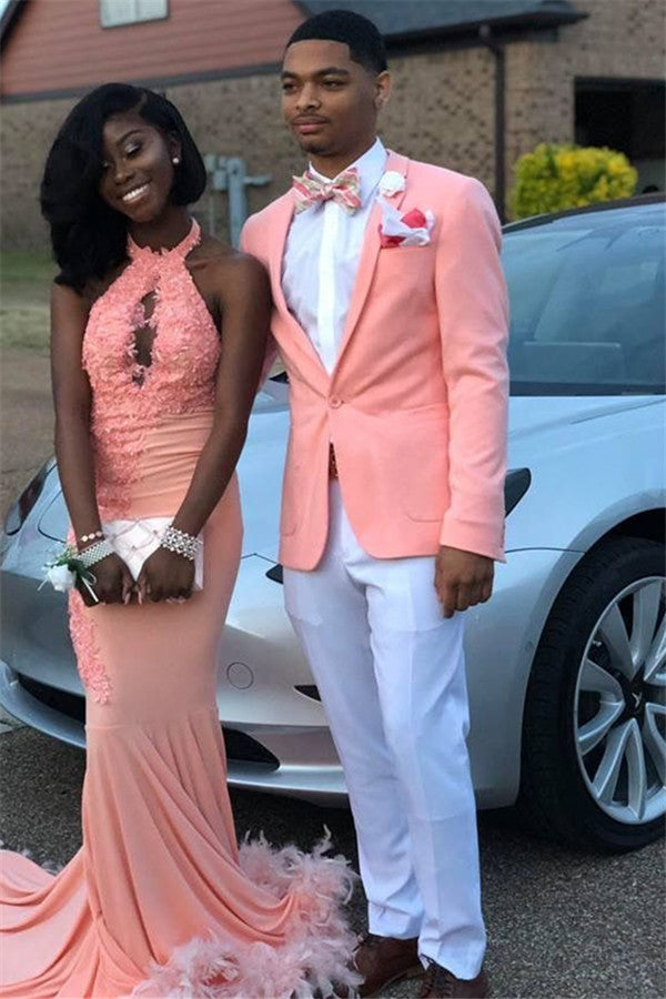 Pink One-Button Party Suit with Shawl Lapel - For Men