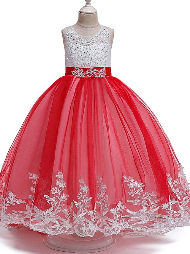Princess Tulle Sleeveless Jewel Flower Girl Dress with Bow Appliques Beading