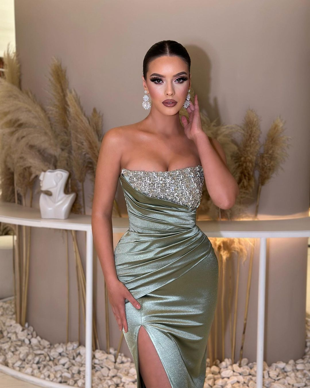 Strapless Sleeveless Split Prom Dress with Beading & Ruffle