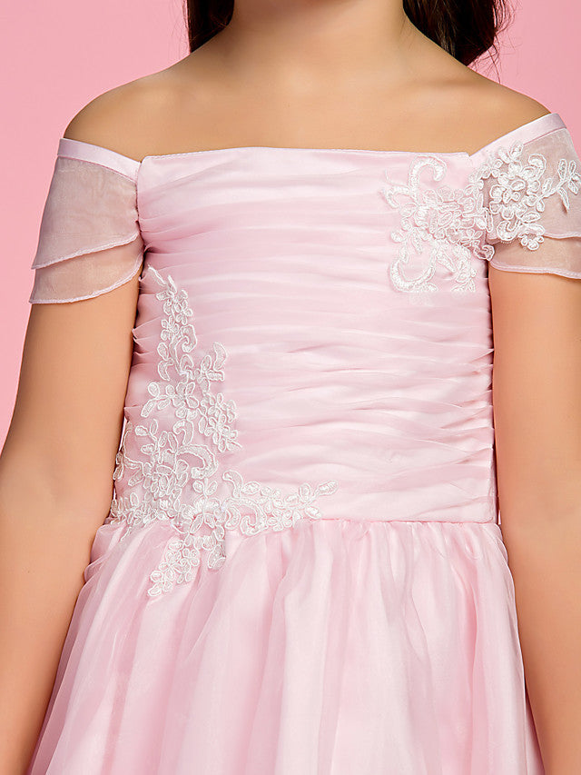 A-Line Ankle Length Organza First Communion Dress With Bow Ruched Appliques