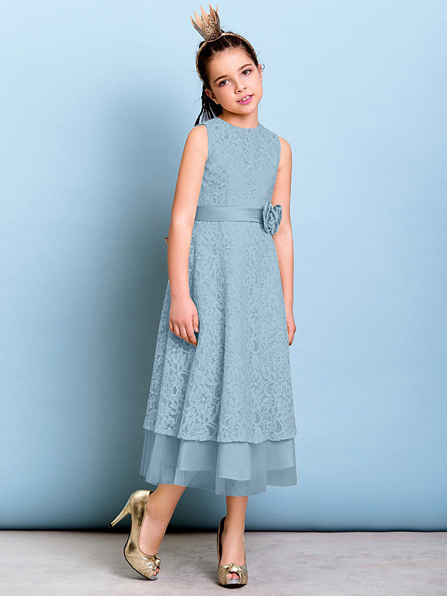 A-Line Jewel Neck Tea Length Floral Lace Junior Bridesmaid Dress with Sash & Accessories