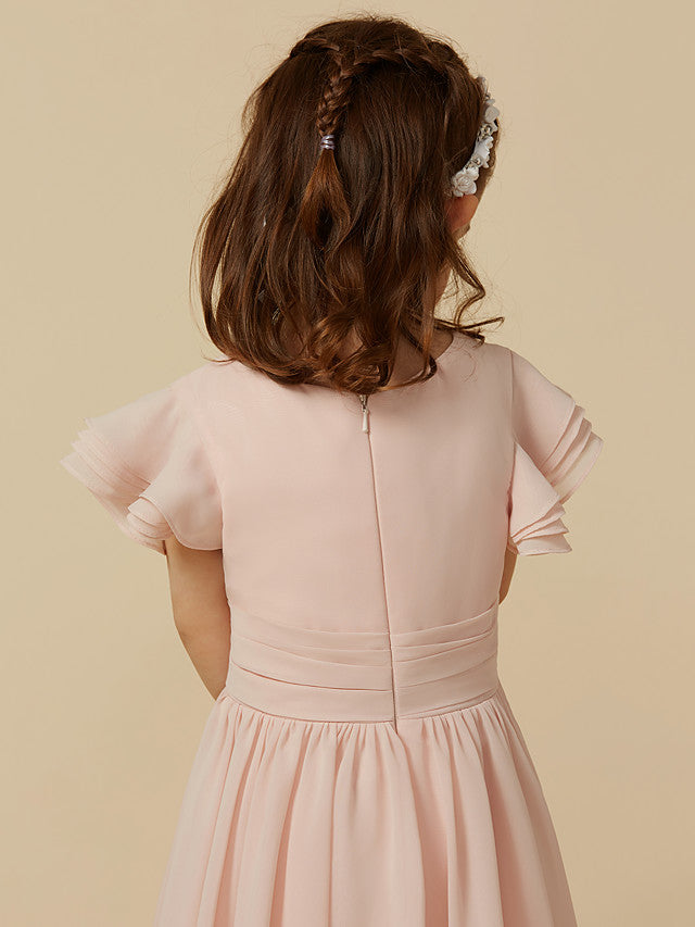 Short Sleeve A-Line Tea Length Flower Girl Dress with Sash