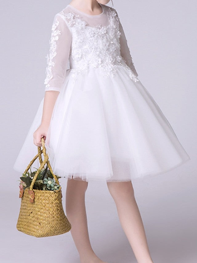 Half Sleeve Jewel Neck Knee Length Flower Girl Dress With Appliques