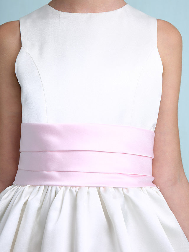Princess A-Line Jewel Neck Satin Junior Bridesmaid Dress with Sash Ribbon Ruched Ruffles for Spring Summer Fall Winter Weddings