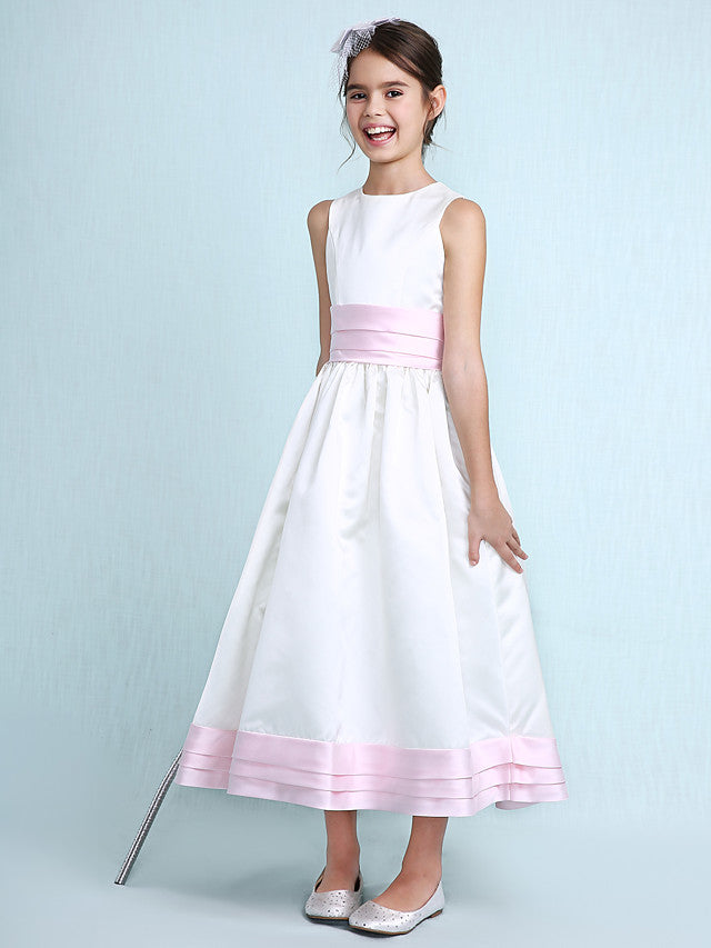 Princess A-Line Jewel Neck Satin Junior Bridesmaid Dress with Sash Ribbon Ruched Ruffles for Spring Summer Fall Winter Weddings