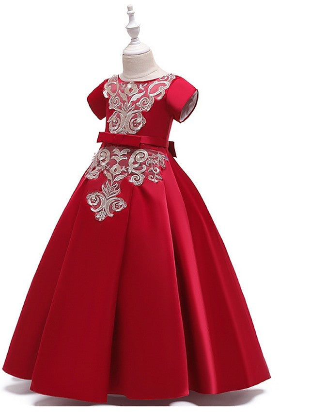 A-Line Flower Girl Dress with Short Sleeves and Bow Appliques - Floor Length