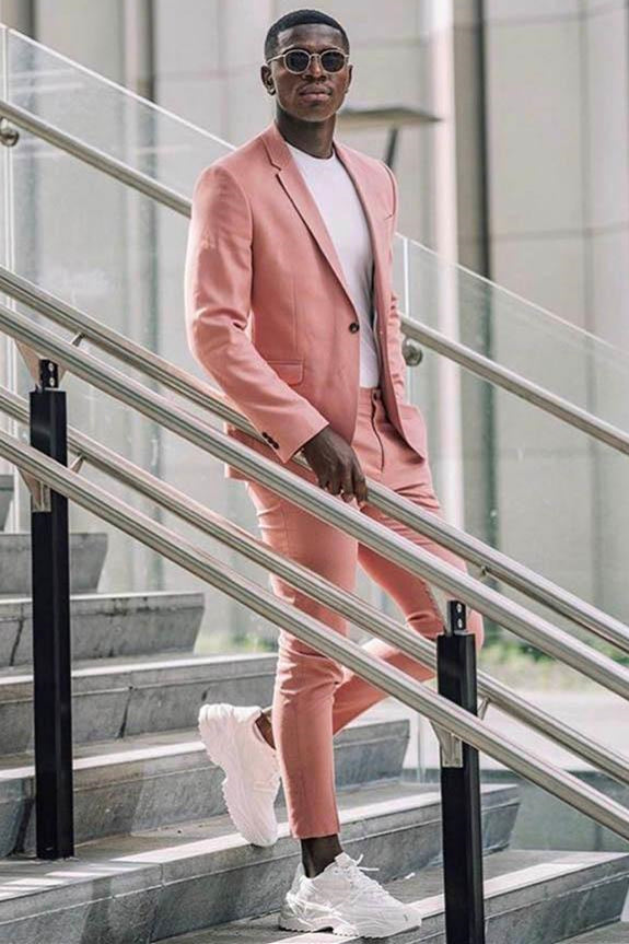 Pink 2 Piece Prince Suit with Flap Pockets & Notched Lapel for Groom