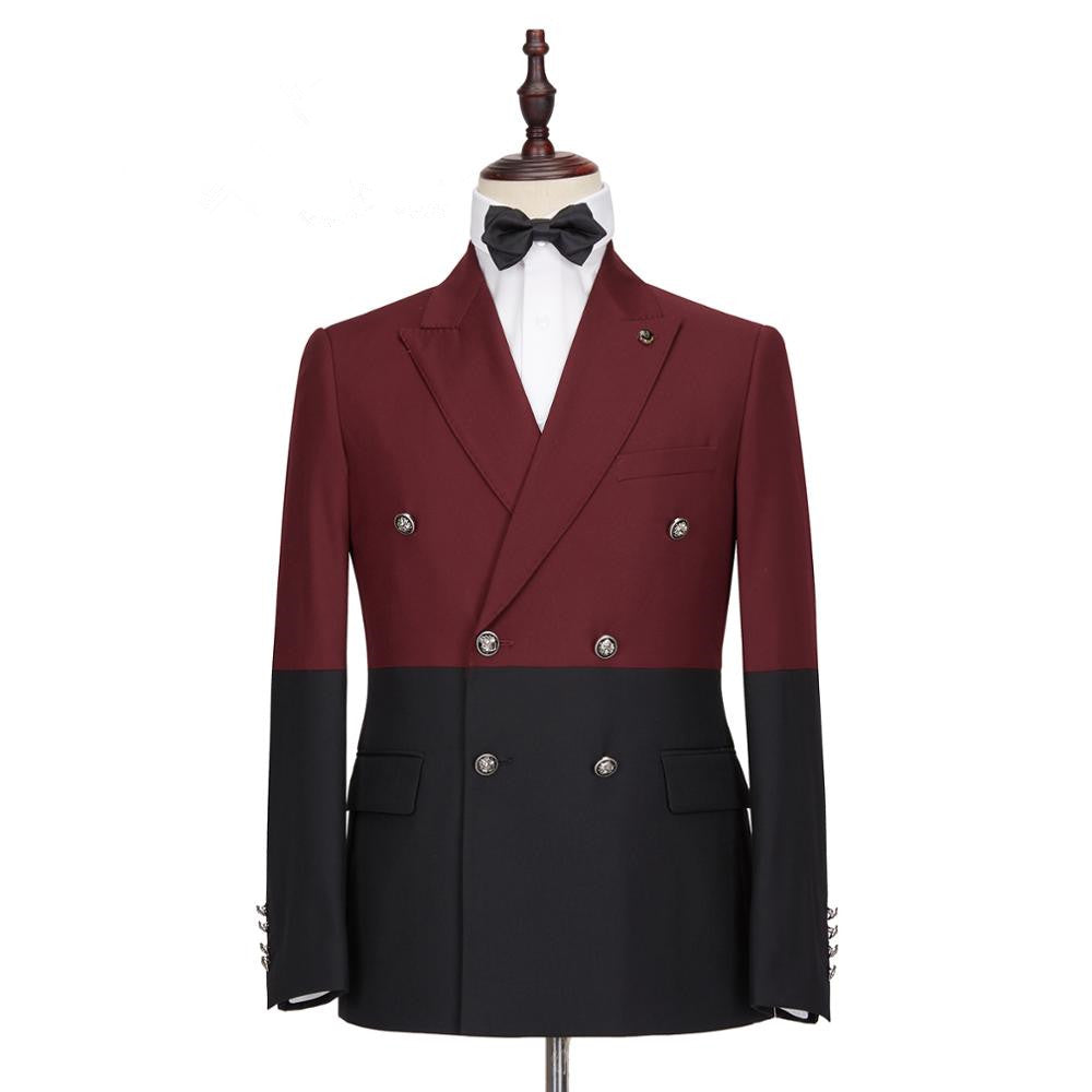 Fashion Burgundy & Black Peaked Lapel Double Breasted Party Prom Suit for Guys