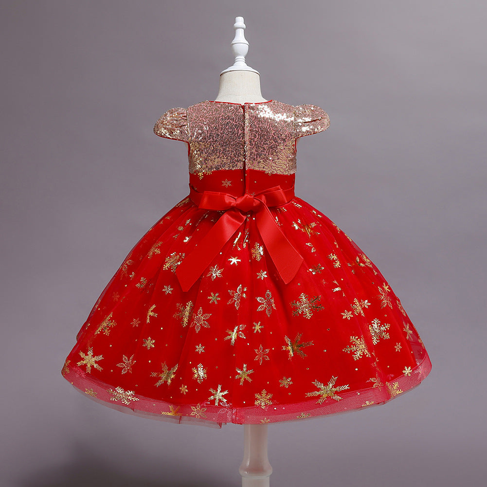 Short Red A-line Glitter Flower Girls Dress with Tulle Appliques