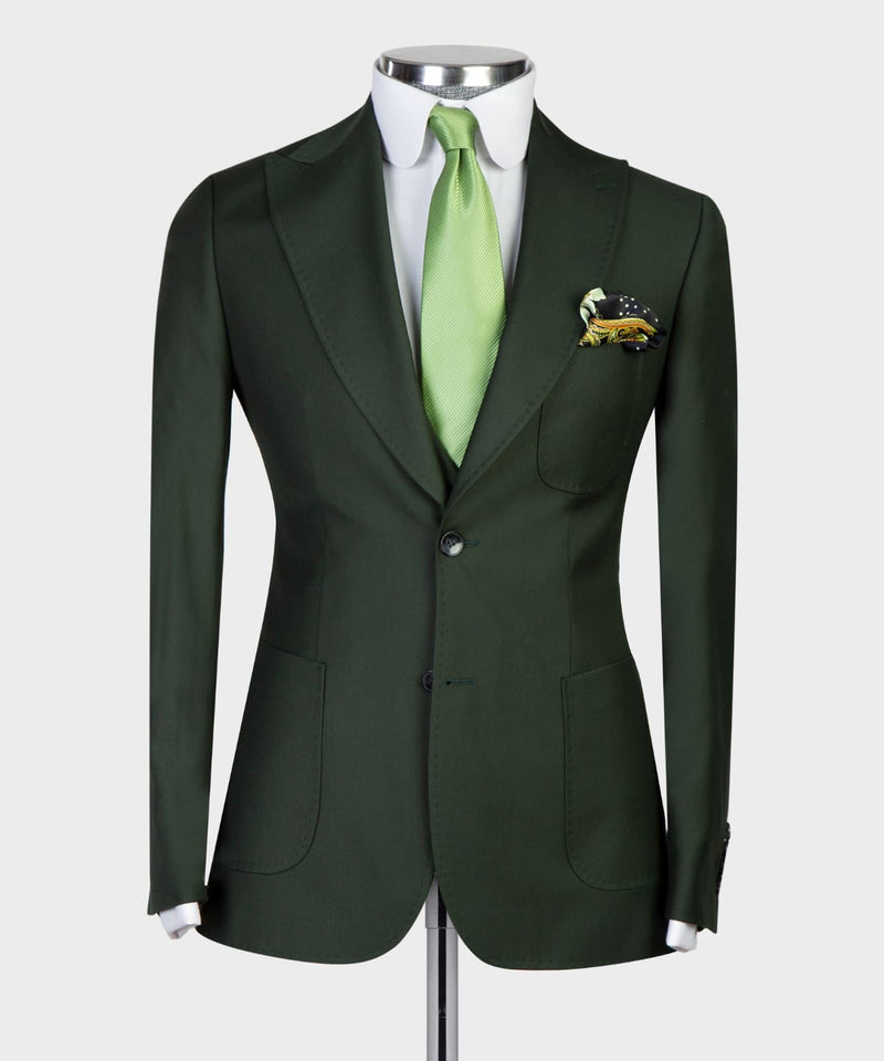 Dudley Chic Three Piece Business Suit - Dark Green Peaked Lapel