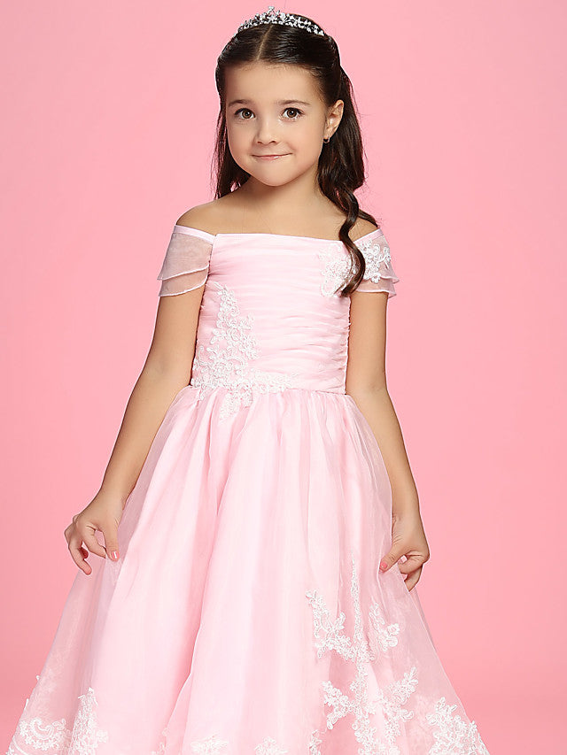 A-Line Ankle Length Organza First Communion Dress With Bow Ruched Appliques