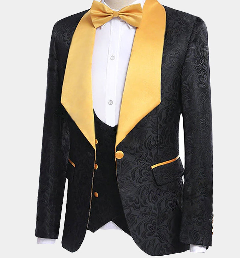 3 Piece Black Jacquard Shawl Lapel Suit For Men Wedding