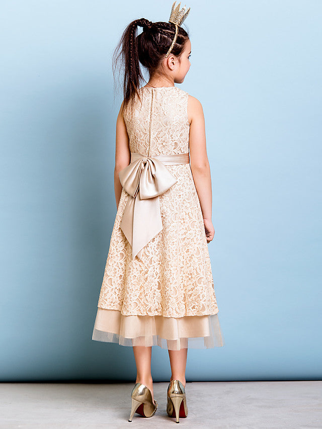 A-Line Jewel Neck Tea Length Floral Lace Junior Bridesmaid Dress with Sash & Accessories