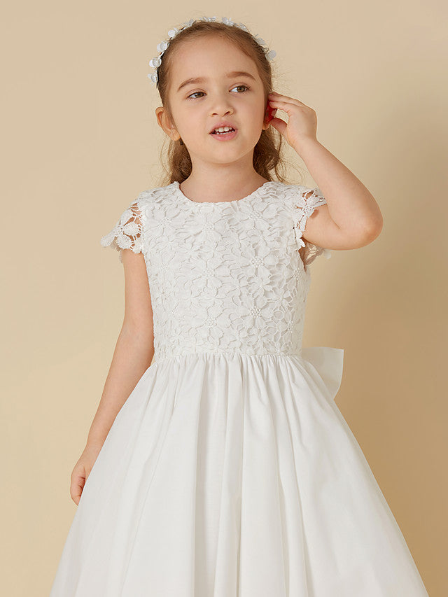 Adorable A-Line Short Sleeve Dress for Girls in Lace Cotton with Bow