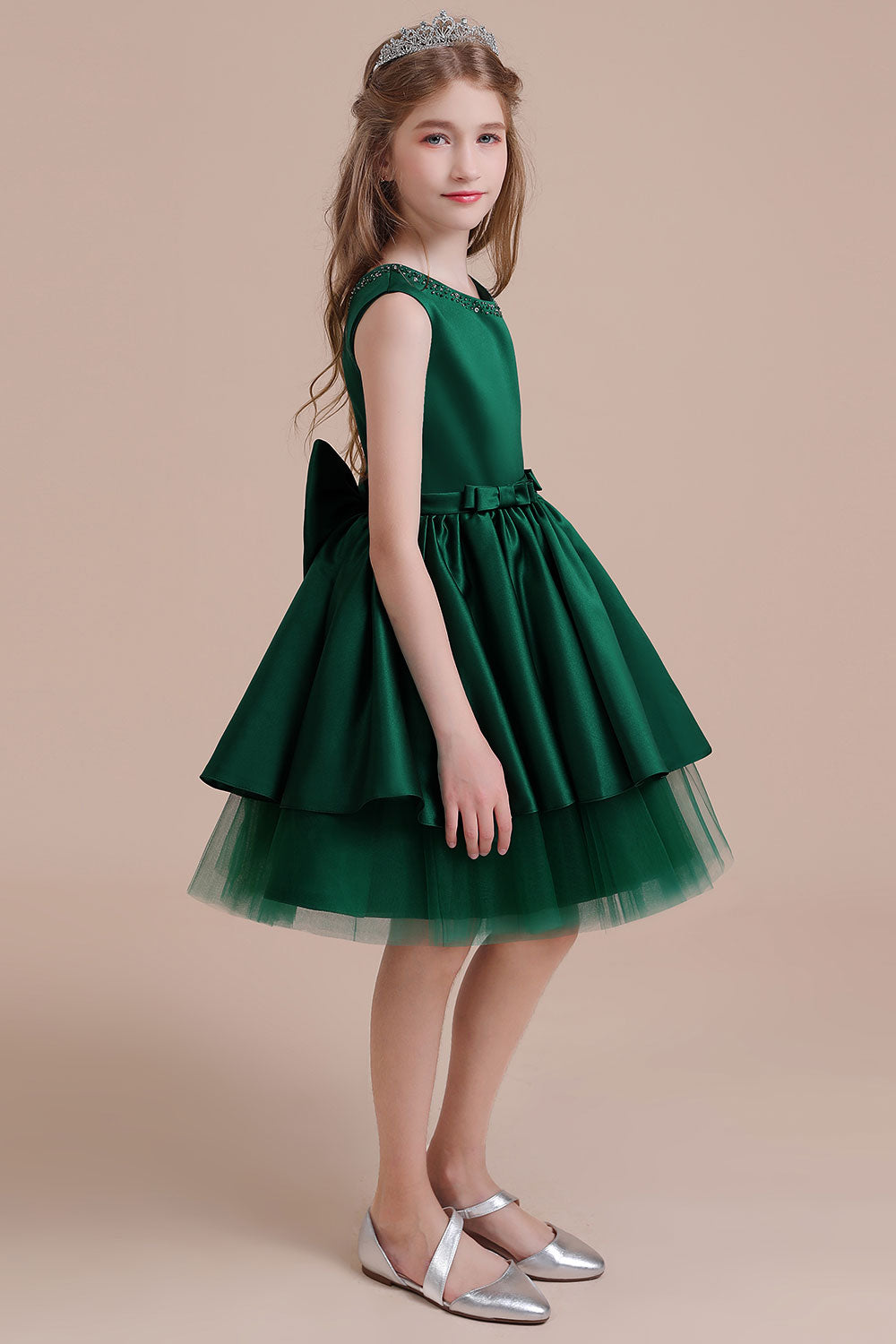 A-line Flower Girl Dress with Bow Beading and Satin Tulle