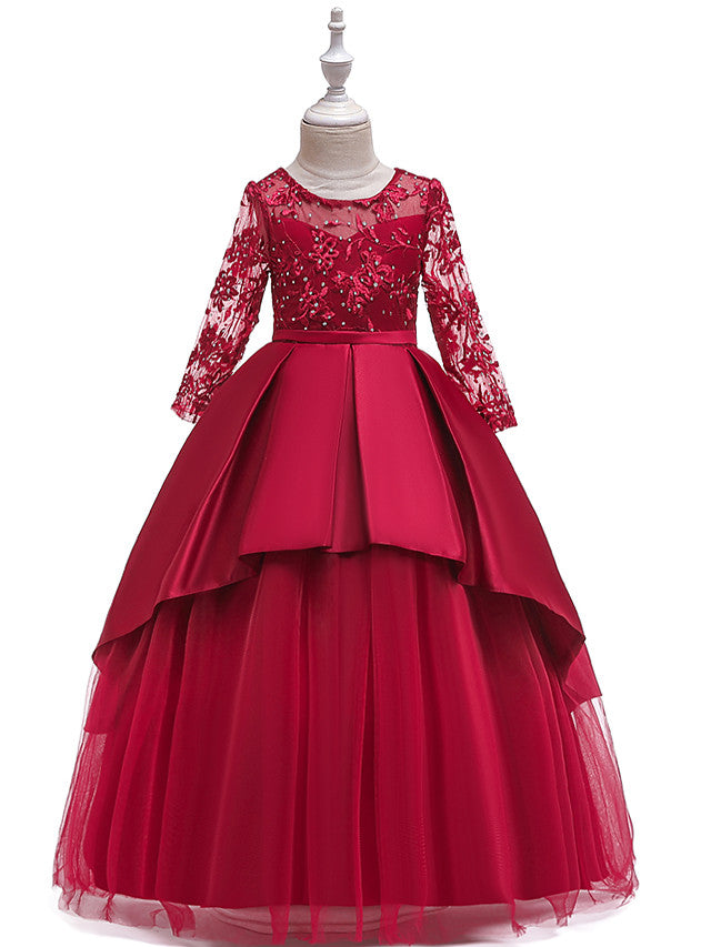 Gorgeous Long Sleeve Jewel Neck Flower Girl Dress with Tulle Satin Crystals and Lace Belt