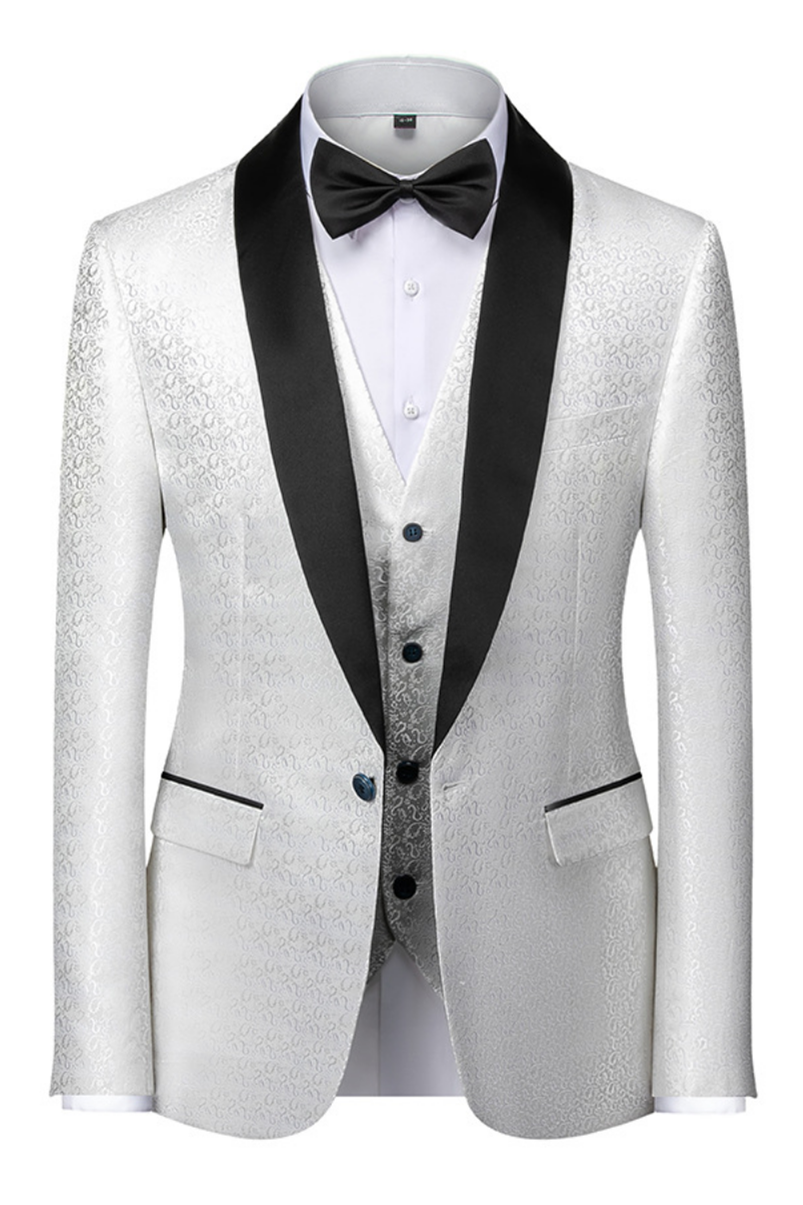 ELegant Business Man's Suit for Prom - Satin Shawl Lapel, Black & White with Jacquard.