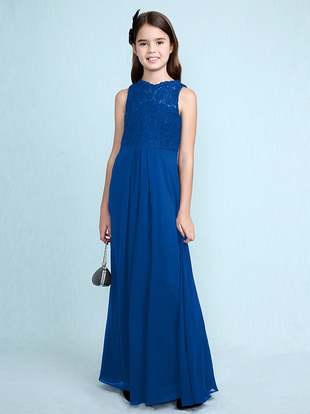 Sheath Column Scoop Neck Floor Length Chiffon & Lace Junior Bridesmaid Dress