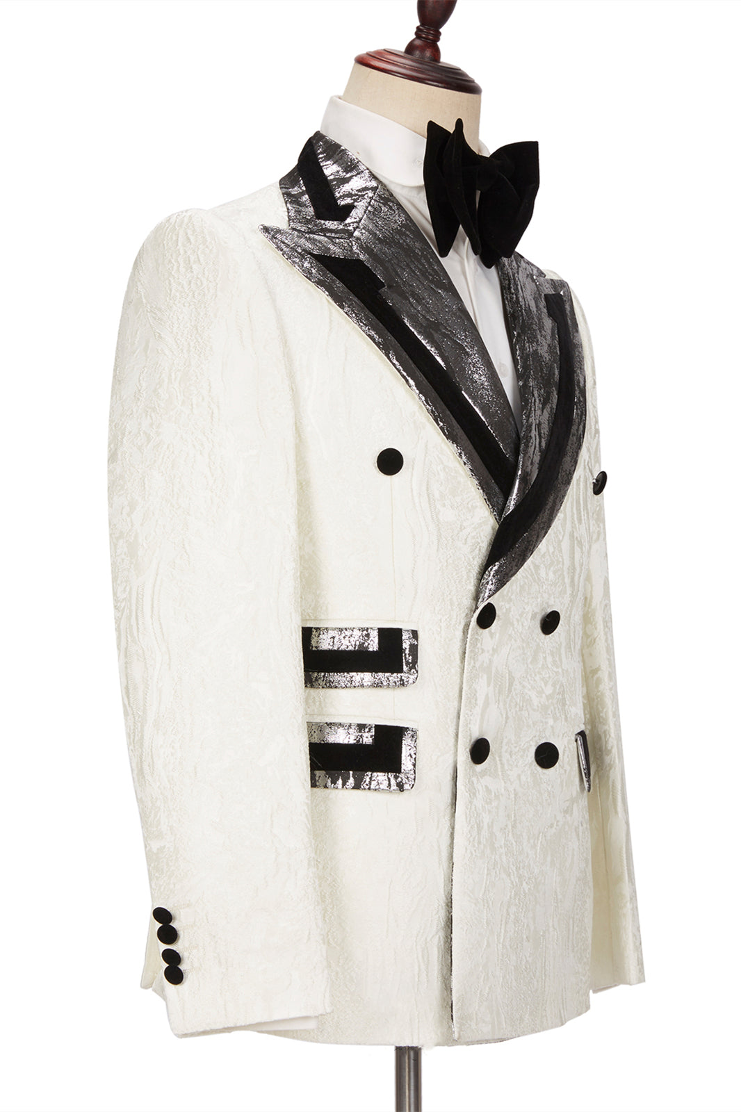 Classic White Jacquard Silver Gray Lapel Flaps Men's Suit with Black Banding Edge