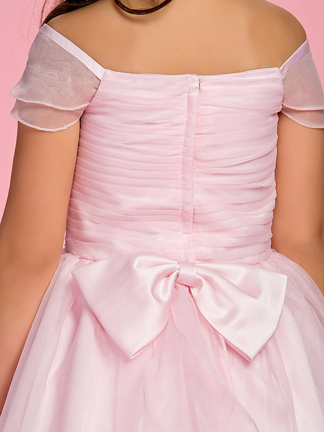 A-Line Ankle Length Organza First Communion Dress With Bow Ruched Appliques