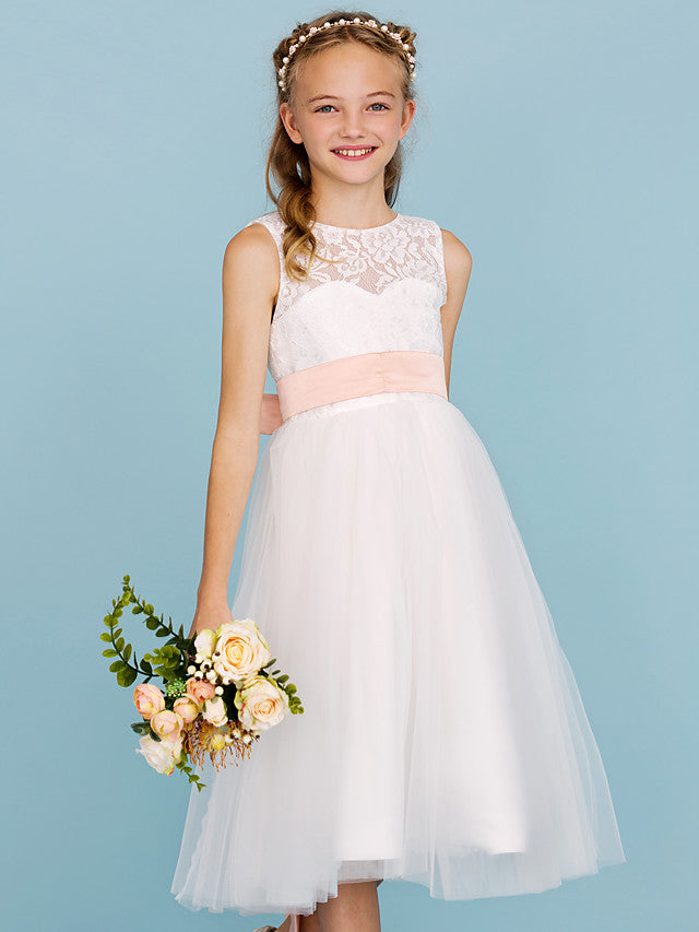 A-Line Crew Neck Tea Length Lace & Tulle Junior Bridesmaid Dress w/ Sash Ribbon Pleats for Weddings & Parties Open Back & See Through Design