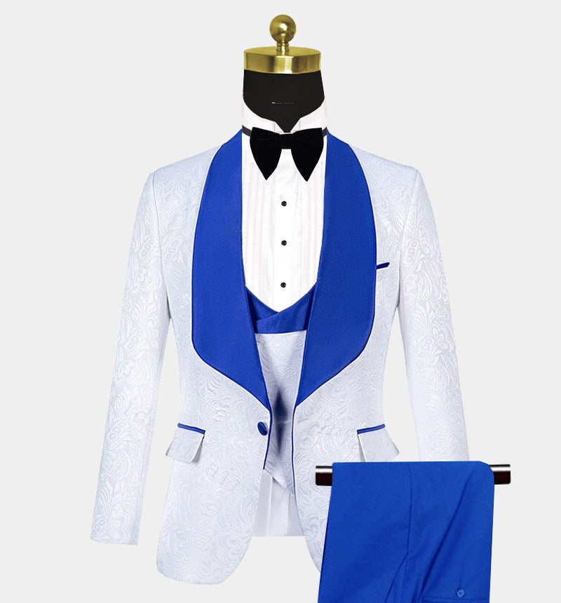 Cool White Jacquard Wedding Tuxedo with Blue Shawl Lapel