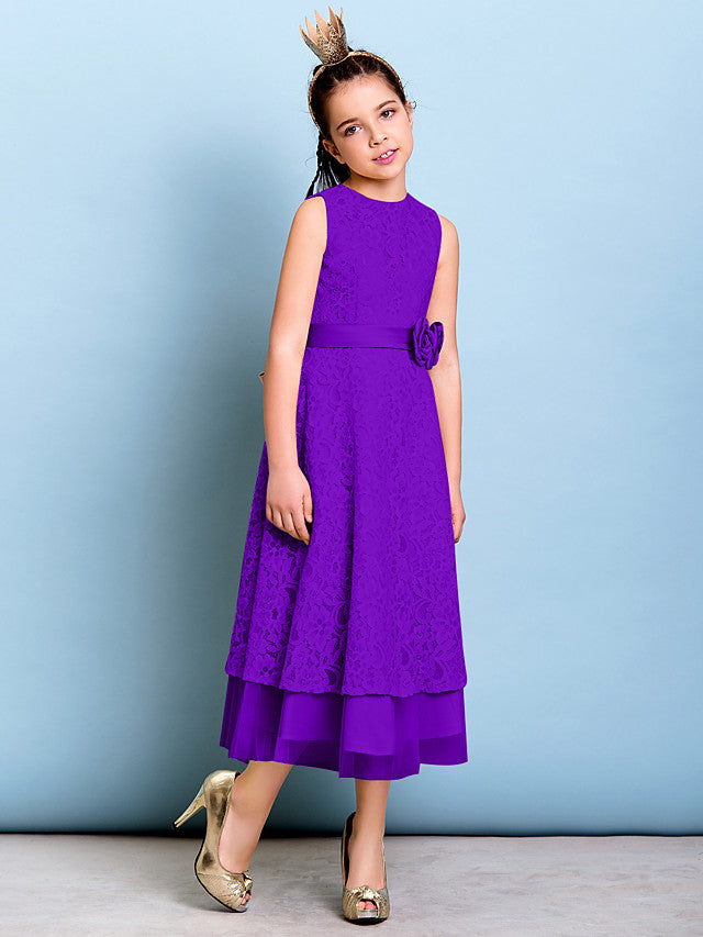 A-Line Jewel Neck Tea Length Floral Lace Junior Bridesmaid Dress with Sash & Accessories