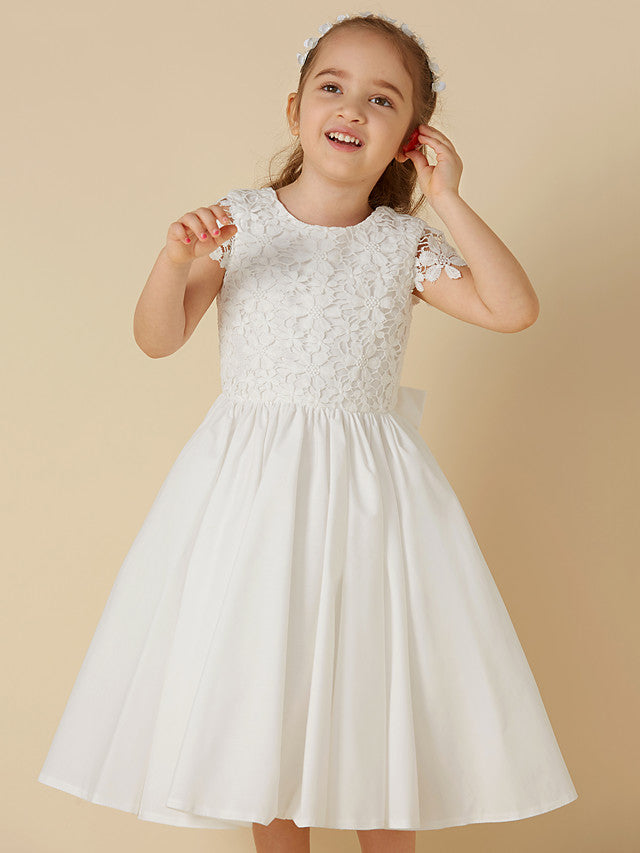 Adorable A-Line Short Sleeve Dress for Girls in Lace Cotton with Bow