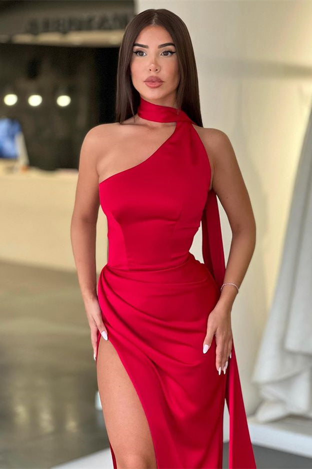 Mermaid Slit Long Prom Dress with Ruffles - Red High Collar