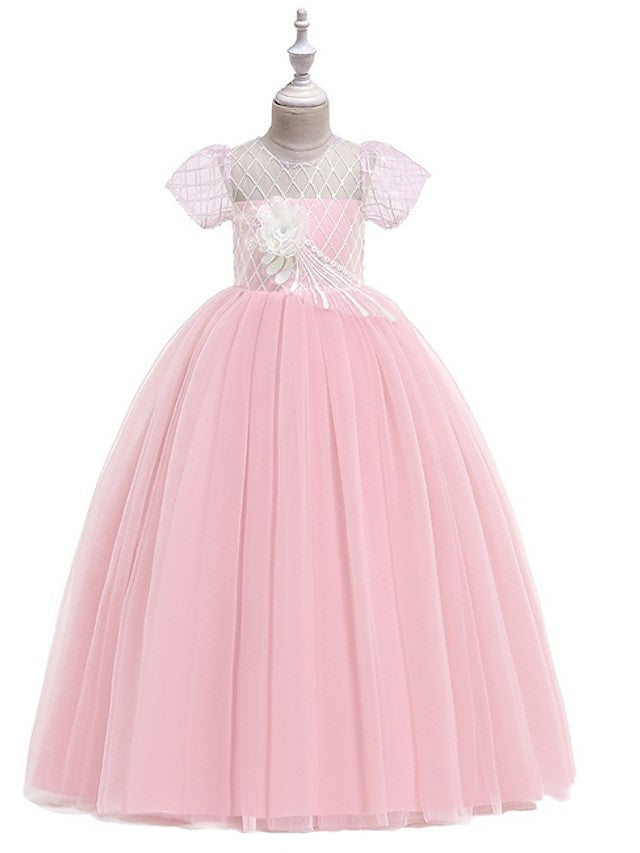 Flower Girl Dress with Bow Appliques - Short Sleeves Ball Gown Floor Length