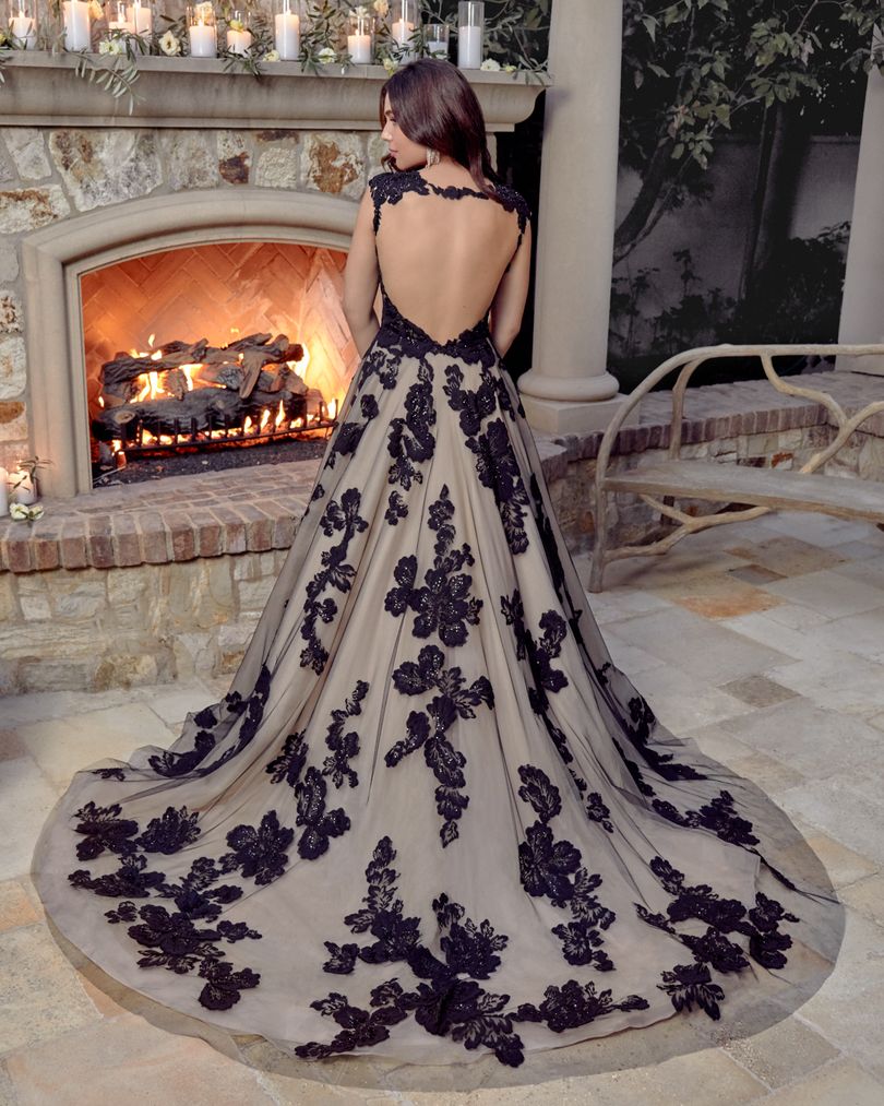 Beautiful Black A-line V-neck Open Back Wedding Dress with Lace Tulle