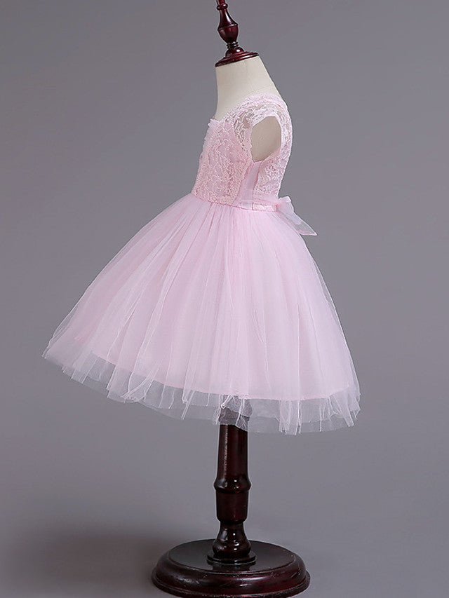 Cap Sleeve Square Neck Flower Girl Dress with Lace Tulle Cotton and Lace Belt
