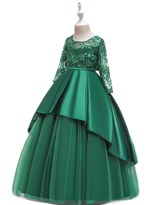 Gorgeous Long Sleeve Jewel Neck Flower Girl Dress with Tulle Satin Crystals and Lace Belt